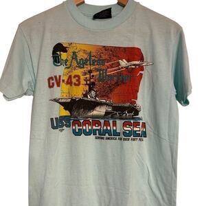 Vintage Navy military tee! Fighter ship.  sky blue, orange and yellow Sz M USA